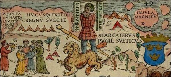 Part of the Carta Marina of 1539 by Olaus Magnus, depicting the location of magnetic north vaguely conceived as "Insula Magnetu[m]" (Latin for "Island of Magnets") off modern day Murmansk. The man holding the rune staffs is the Norse hero Starkad.