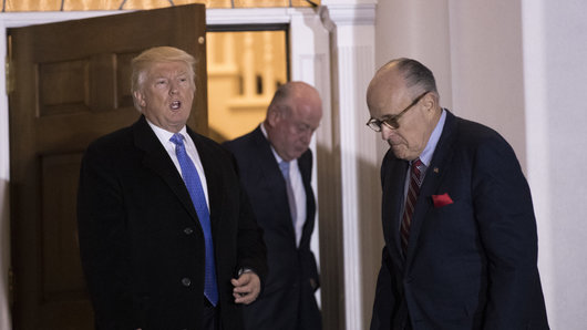 BEDMINSTER TOWNSHIP, NJ - NOVEMBER 20: (L to R) President-elect Donald Trump and former New York City mayor Rudy Giuliani exit the clubhouse following their meeting at Trump International Golf Club, November 20, 2016 in Bedminster Township, New Jersey. Trump and his transition team are in the process of filling cabinet and other high level positions for the new administration. (Photo by Drew Angerer/Getty Images)